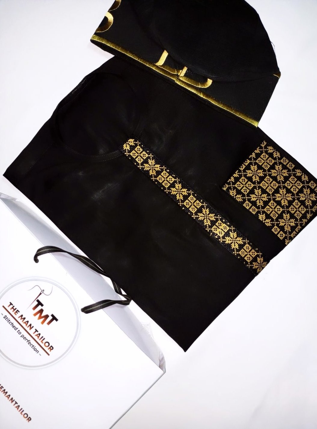 Black monogrammed kaftan with embroidered cap