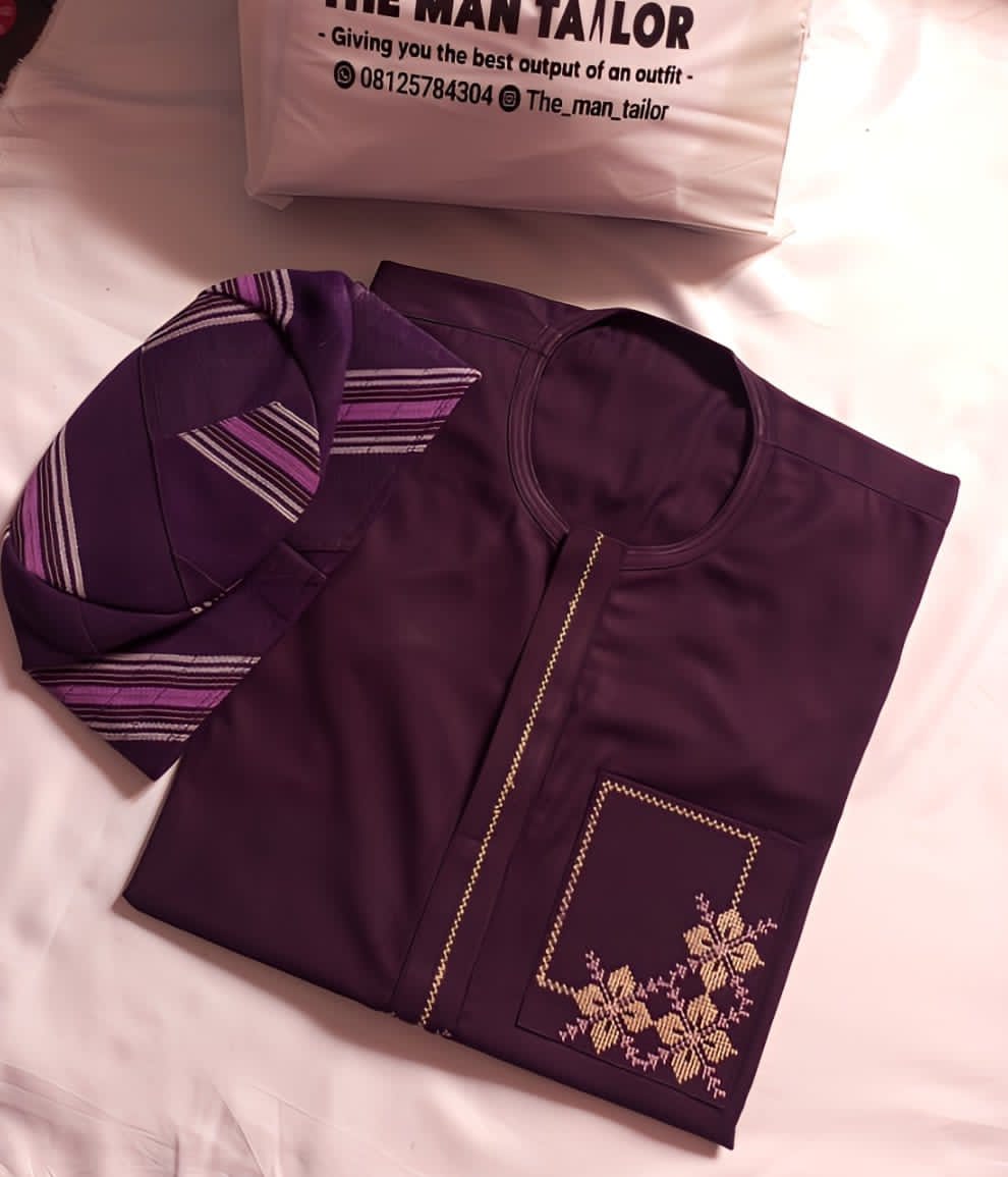 Purple monogrammed kaftan with native cap